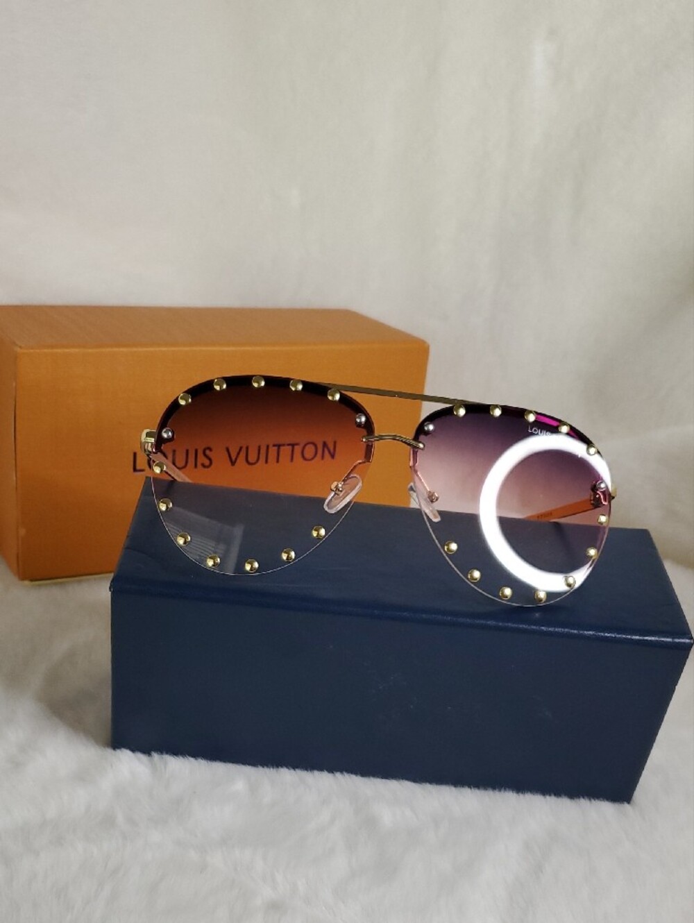 Purple Gradient Rimless Sunglasses with Gold Stud Accents Inspir@d Fashion . - Picture 8 of 8